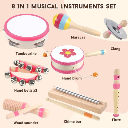 Toddlers Musical Instruments for 1 2 3 Year Old Girl,Baby Montessori Wooden Musical Toys for Toddlers1-3 Year Old,Kids Musical Toy for Preschool,Christmas Birthday Gift for Baby Girls (Pink 8 in 1)