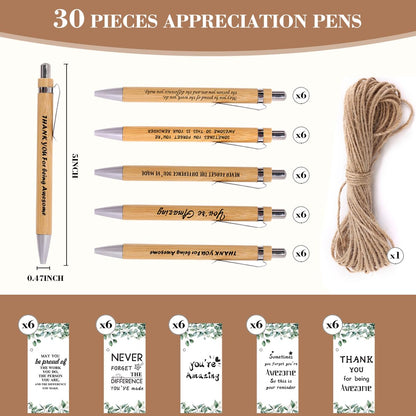 30 Sets Employee Appreciation Gifts Bulk Teacher Thank You Gifts Motivational Bamboo Pens with Appreciation Cards Gift for Teacher Student Coworker Colleague Team