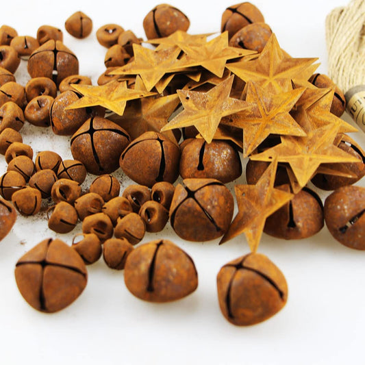 Rusty Metal Jingle Bells Kit Supplies Includes 75 Mixed Size Vintage Rusty Bells 20 Rustic Metal Star and Jute Rope Ribbon for Primitive Crafts Christmas Wreath Holiday Home Decoration (Pack of 95)
