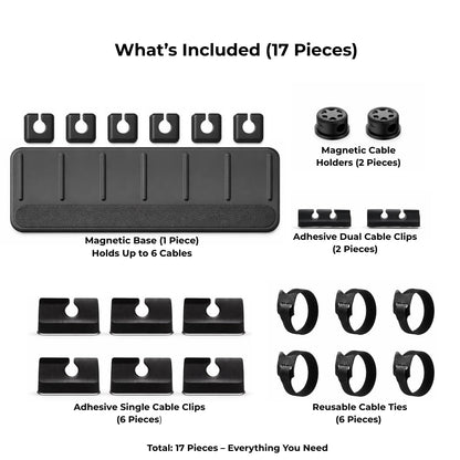 Magnetic Cable Organizer Kit (17-Piece) – Desk Cable Management Set with Magnetic Base & Adhesive Clips – Holds 6 Cables – Reusable Cable Ties for Office, Home & Gaming Setup