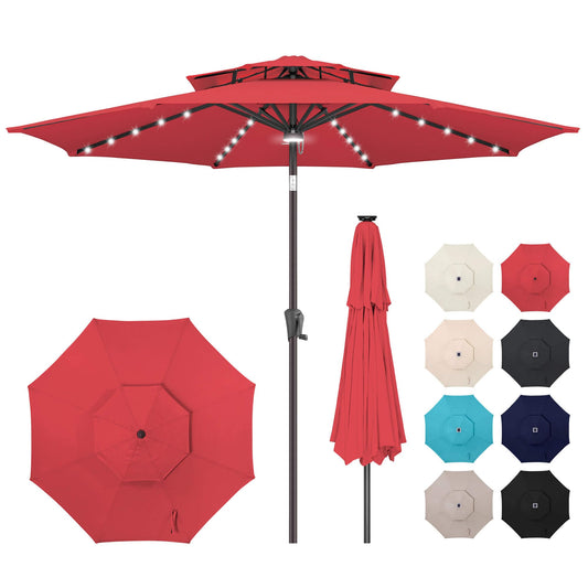 AckMizz 9ft Solar Umbrella Outdoor - 2 Tiers Lighted Solar Patio Umbrella with 40 LED Lights Waterprool UV Protection, Table Umbrella with Tilt for Pool, Porch, Garden, Backyard (Red)