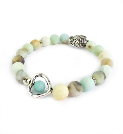 Sea Turtle and Heart Charm Bracelet with Amazonite Stones, Valentines Gifts for Women