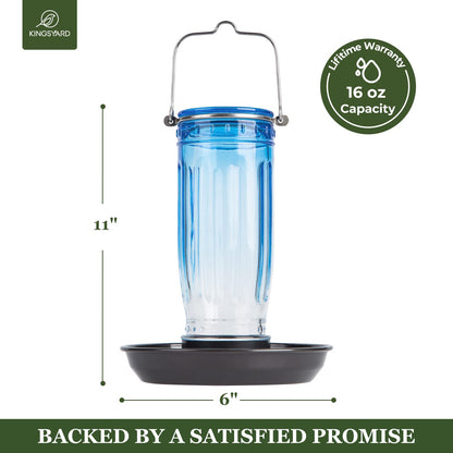 Kingsyard Glass Bird Water Dispenser for Outdoor, 16 Oz, Bird Water Feeder with Metal Hanging for Garden Yard Fence Decoration Hummingbird Cardinal Bluebird Finch, Blue