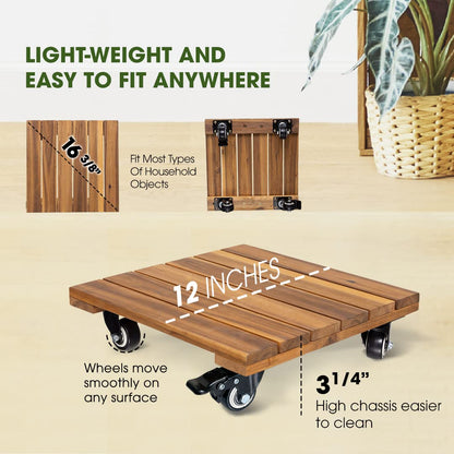 2pack Wood Plant Caddy With Wheels Heavy Duty, 264 Lbs Capacity, Upgraded 12 Inch Acacia Hardwood Plant Dolly, Plant Stand with 360° Lockable Wheels, Plant Caster for Heavy Objects Hauling - Natural Wood