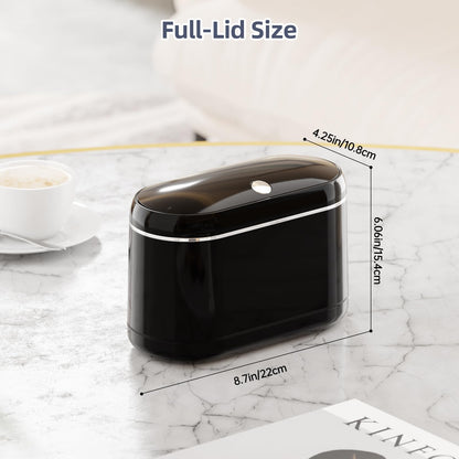 PAVSTINE Mini Trash Can for Desk with 5 Rolls of Trash Bags, Small Press-Top Countertop Garbage Bin, Removable Waste Basket for Bedroom, Vanity, Coffee Table, Kitchen (Black Full-Lid)