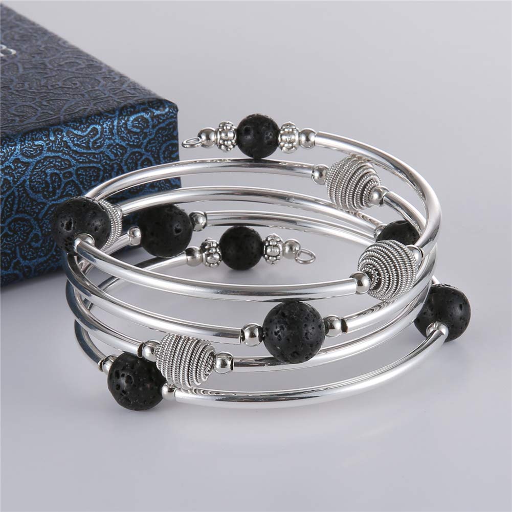 PEARL&CLUB Beaded Chakra Bangle Turquoise Bracelet - Fashion Jewelry Wrap Bracelet with Thick Silver Metal and Mala Beads, Birthday Gifts For Women(63-Lava Black)