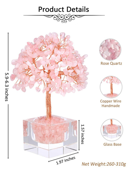 Jovivi Large Crystal Tree with Square Glass Base, Rose Quartz Healing Crystals Tree Life Natural Chipped Gemstone Money Trees Feng Shui Good Luck Positive Energy Pink Home Desk Decor
