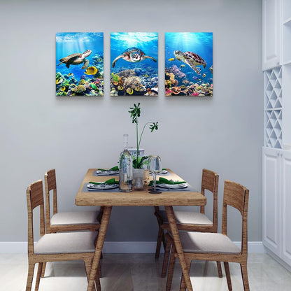 MHARTK66 Canvas Wall Art - Modern Decor for Living Room, Bedroom & Office - Sea Turtle Wall Paintings - Ocean & Underwater World Pictures - 3 Panels Ready to Hang - 12" X 16" Each