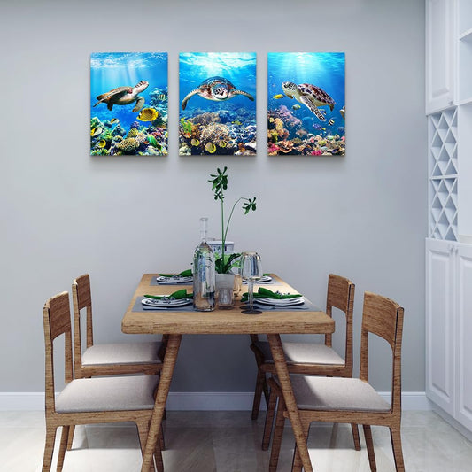 MHARTK66 Canvas Wall Art - Modern Decor for Living Room, Bedroom & Office - Sea Turtle Wall Paintings - Ocean & Underwater World Pictures - 3 Panels Ready to Hang - 12" X 16" Each