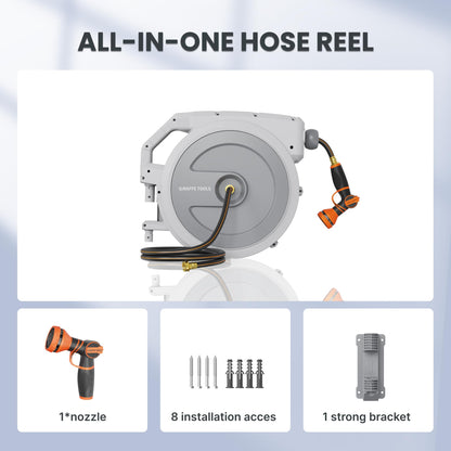 Giraffe Tools Heavy Duty Retractable Garden Hose Reel 1/2 130 FT, Wall Mounted with 9 Pattern Nozzle & Detachable Leader Hose, 180° Swivel Bracket, Any Length Lock, Commercial Grade (Light Grey)