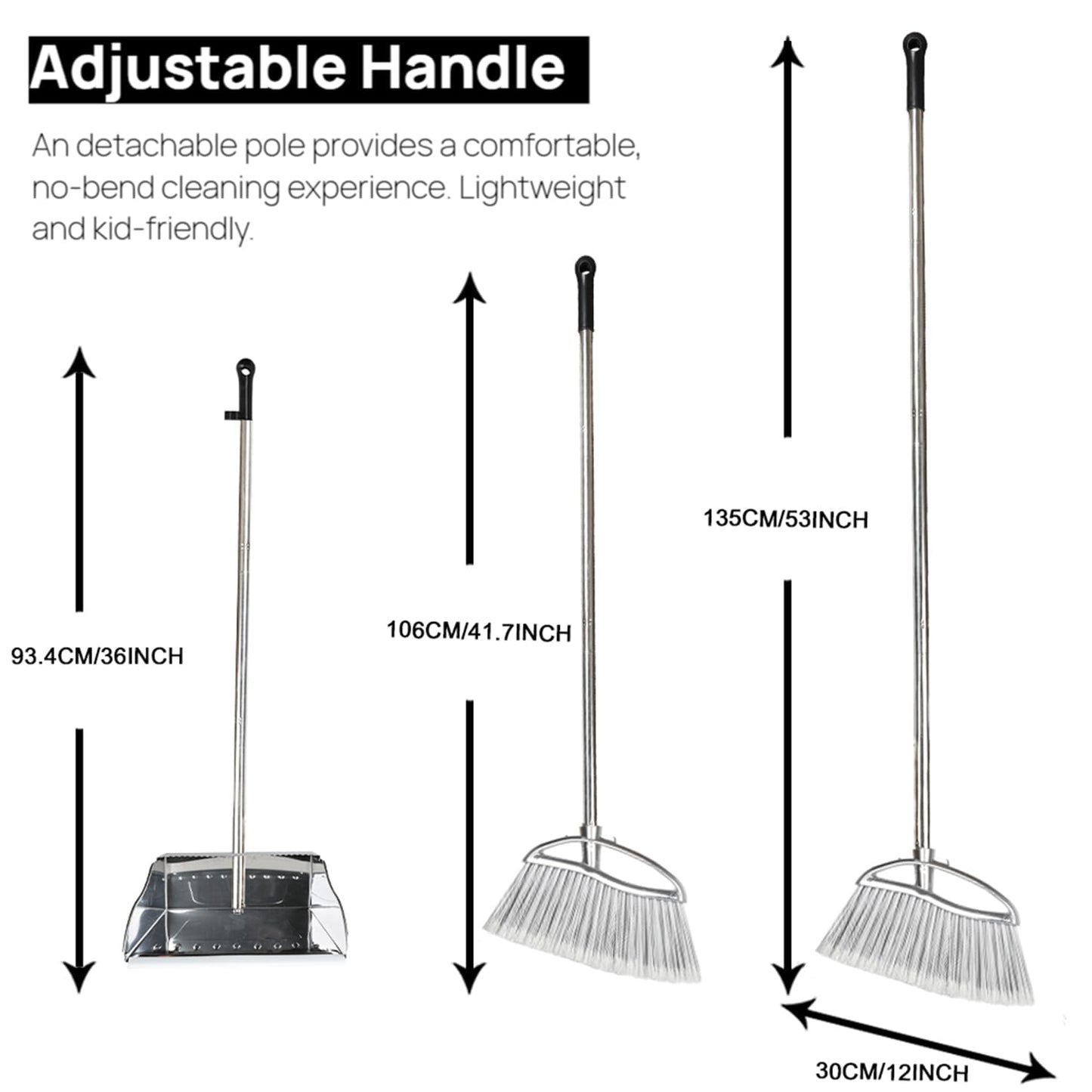 GLOYY Outdoor Broom and Dustpan Comb Set,Heavy Duty Stainless Steel Metal Dust Pan with Long Handle Commercial Stiff Bristles Broom for Home Garage Garden Patio