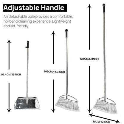 GLOYY Outdoor Broom and Dustpan Comb Set,Heavy Duty Stainless Steel Metal Dust Pan with Long Handle Commercial Stiff Bristles Broom for Home Garage Garden Patio