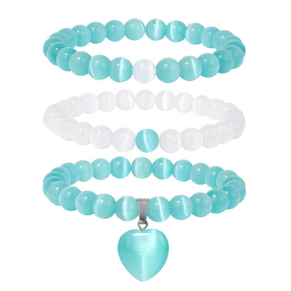 Vinswet Healing Crystal Beaded Bracelets for Women,Natural Amethyst Moonstone Gemstones Bracelet,Anxiety Stress Relief Heart Charm Bracelet Handmade purple Jewelry Gifts for Women (3pcs) (White Cat Eyes&green Cat Eyes)