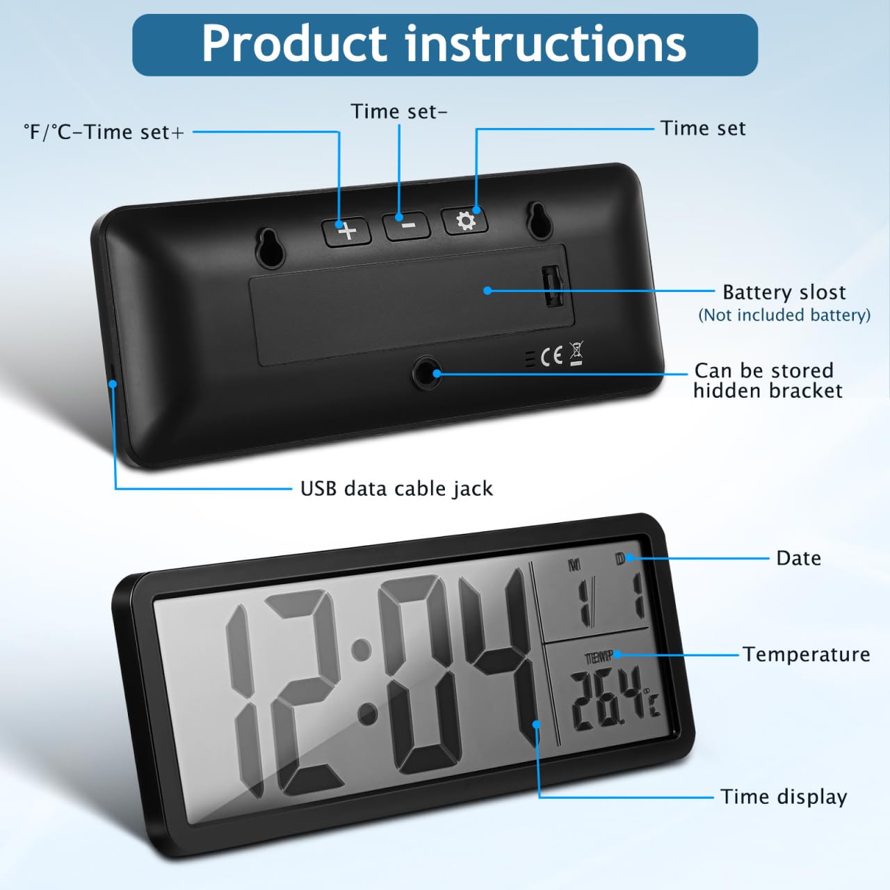 Healifty Digital Wall Clock Battery Operated: LED Electronic Desk Clocks with Large Display Date Temperature, Modern Alarm Timer for Living Room Bedroom Decor