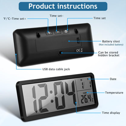 Healifty Digital Wall Clock Battery Operated: LED Electronic Desk Clocks with Large Display Date Temperature, Modern Alarm Timer for Living Room Bedroom Decor