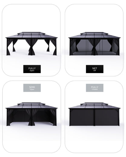 12'X20' Hardtop Gazebo, All-Weather Aluminum Frame Outdoor Canopy with Double Polycarbonate Roof, Permanent Outdoor Gazebo with Netting & Curtains for Garden, Lawns, Patio, Grey.