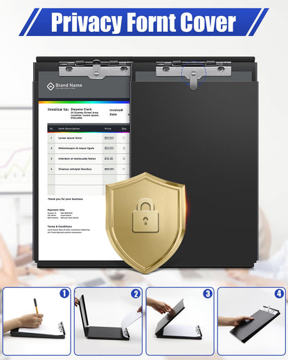 A5 Metal Clipboard with Storage - Memo Size Heavy Duty Recycled Aluminum Clipboard, Binder Form with Privacy Cover, 6x9 Inch Paper Holder for Police, Nurses, Students, and Office Use - Frosted Black