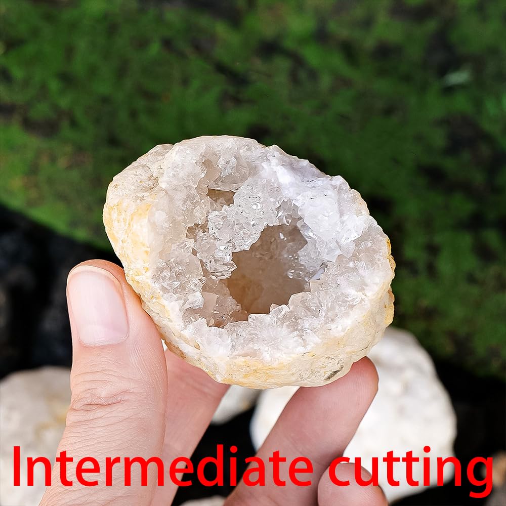 8pcs Natural Quartz Caves Knock Open in The Middle 1.2-2 inch White geode Set with Magnifying Glass and Display Stand Ideal for School Gifts and Prizes（Morocco White geode 8pcs Set）