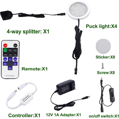 AIBOO LED Under Cabinet Lighting Kit 4 Packs 12V Low Profile Puck Lights with Dimmable Wireless RF Remote for Kitchen, Counter, Gun Safe Lighting(Warm White)