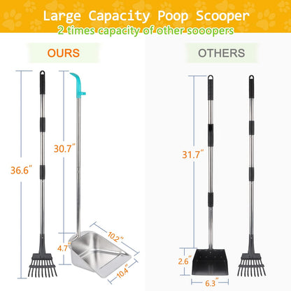 indiedouker Dog Pooper Scooper for Large Dogs with Large Capacity Tray and 36" Long Handle Rake,Stainless Steel Dog Poop Scooper for Dogs,Heavy Duty Dog Poop Scooper for Yard