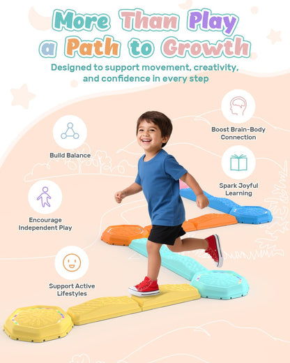 Holyton Light Up Stepping Stones for Kids with Music, 13PCS Balance Beam and Stepping Stone Set, Toddler Balance Beam Obstacle Course, Non-Slip Sensory Toys for Toddlers 3-8, Indoor Outdoor Play