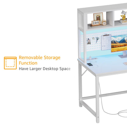 White Gaming Desk with Hutch and Pegboard - Computer Desk with Hutch, Power Outlet, 47 Inch Art Desk with Storage, Hooks, RGB and Side Bag, Writing Modern Study Teen Desks for Girl Bedroom Home Office