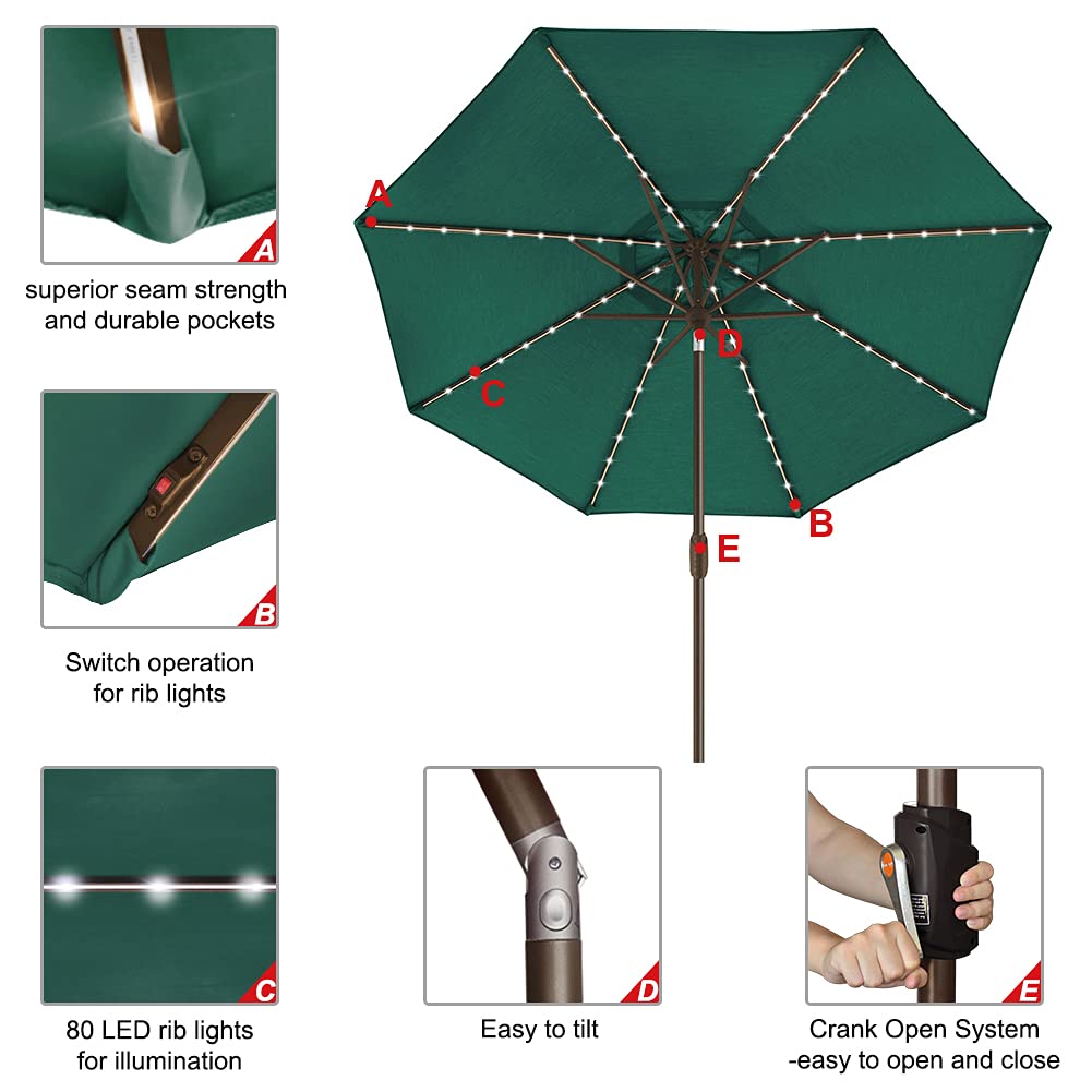 EliteShade USA 10-Year-Non-Fading 9ft Market Patio Umbrella, Commercial Grade Table Sun Umbrella with 80 Solar LED Lights, Crank Open, Windproof & UPF 50+ UV Protection for Garden, Deck, Pool, Backyard, Forest Green