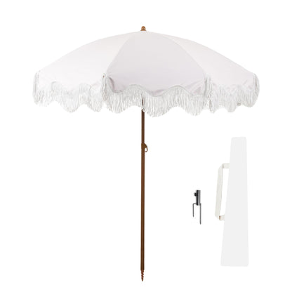 Rayjee 6.5FT Patio Umbrella with Fringe, UV Protection Beach Umbrella with Tilt & Adjustable Height, Includes Carry Bag & Ground Stake, Outdoor Umbrella for Pool, Garden, Backyard -Beige