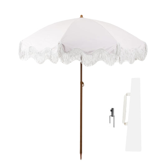 Rayjee 6.5FT Patio Umbrella with Fringe, UV Protection Beach Umbrella with Tilt & Adjustable Height, Includes Carry Bag & Ground Stake, Outdoor Umbrella for Pool, Garden, Backyard -Beige