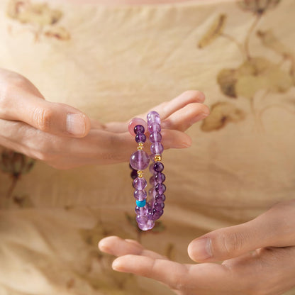 ZHOU LIU FU Sterling Silver Beaded Bracelets Natural Lucky Purple Gemstone Stretch Bracelet Circular Agate Beads Dainty Jewelry for Women Mom Daughter Birthday Anniversary 13.4"/34CM J1922133