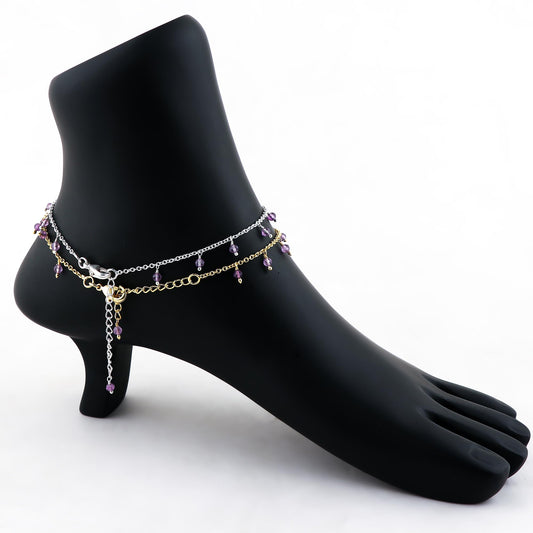 JOR Natural Amethyst Beaded Rosary Anklet, Handmade Craft, Anklet Beads Bracelet, Chakra Healing, Gemstone Women Jewelry, Dainty Gold and Silver Plated Combo Anklet 9 inch + 1.5 inch (2pcs)