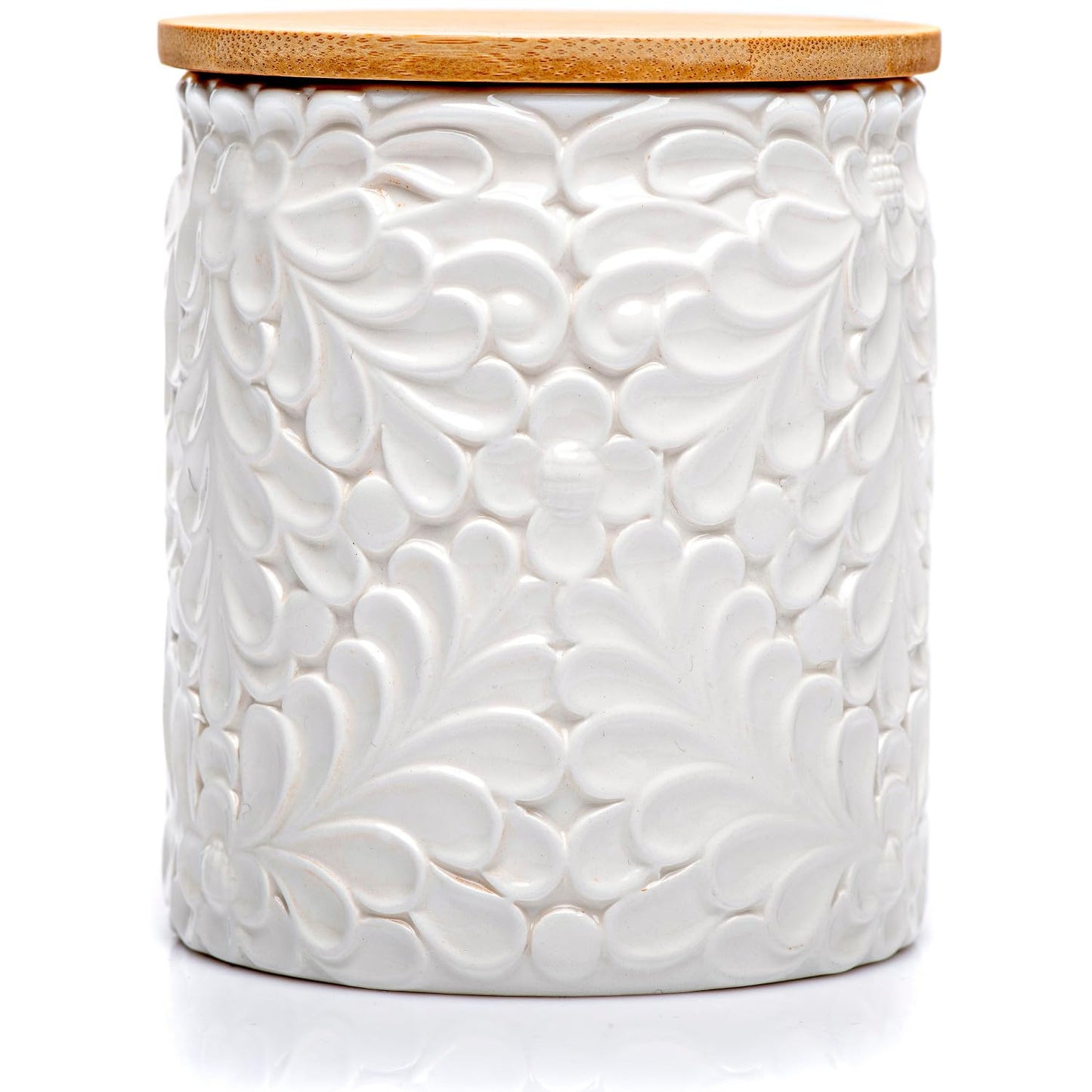 Small Engraved Ceramic Kitchen Canister - Storage Jars with Airtight Lids Made from Bamboo with Nature-Inspired Engraving - Use as a Pasta Holder, Coffee Ground Holder, Rice Container - 30 Ounces