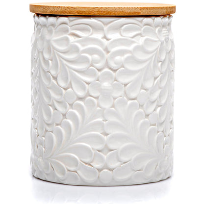 Small Engraved Ceramic Kitchen Canister - Storage Jars with Airtight Lids Made from Bamboo with Nature-Inspired Engraving - Use as a Pasta Holder, Coffee Ground Holder, Rice Container - 30 Ounces