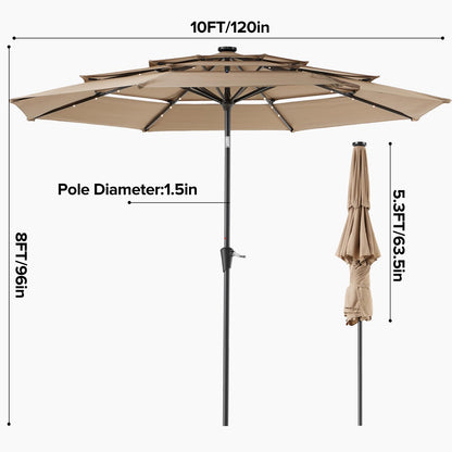 NEWBULIG 10FT 3 Tiers Solar LED Lights Patio Umbrella, Outdoor Umbrella Adjustable Angles and Height, UV Resistant, for Day, Night, Shading, Camping, pool and Patio