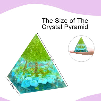 Saefheled Tree of Life Orgone Pyramid,Natural Energy Peridot Turquoise Orgonite Healing Crystal Pyramid,for Reduce Stress,Balance Chakra,Meditation Attract Luck,Accumulate Wealth Health(6cm)
