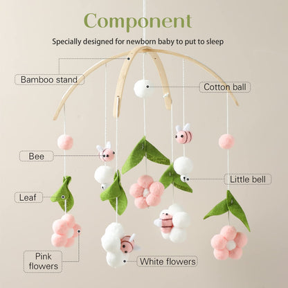 Wooden Wind Chime Bed Bell Crib Mobile, Neutral Pink Bee Baby Ceiling Mobile