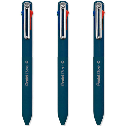 Pentel iZee 4 Colour Ballpoint Pen - Deep Blue Barrel - Multi Ink - Black, Blue, Red & Green Ink - Pack of 3
