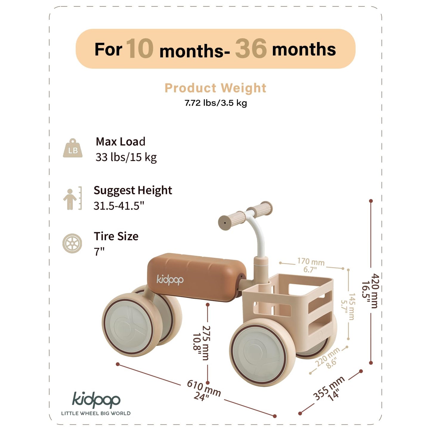Kidpop Toast Baby Walker with Basket Balance Bike for 1 Year Old Boys Girls Push Rider with Detachable Seat for 10-36 Months,4 Wheels Toddler First Bike, First Birthday Gifts (Beige)