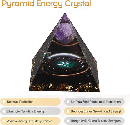 12 Zodiac Orgone Crystal Pyramid, Natural Amethyst with Obsidian,Healing Crystals Pyramid for Protection Chakra, Unique Constellation Pyramid for Positive Energy, Healing Money Health(Pisces)