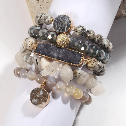 Yomisa 5PCS Natural Boho Beaded Bracelets for Women Men,Healing Turquoise Jasper Agate Crystal Gemstone Stone Diamond Chakra Multilayer Wrap Bohemian Handmade Jewelry Beads Stretch Bracelet Set