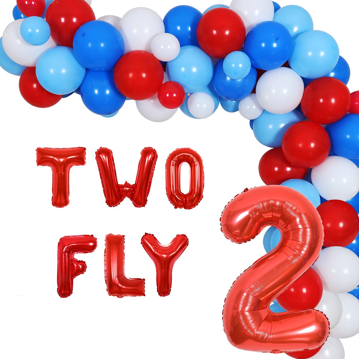 Two Fly Birthday Party Decorations, Airplane 2nd Birthday Decorations for Boys Girls - Blue and Red Balloon Garland, Airplane and Cloud Foil Balloons, Two Fly Letter Balloons