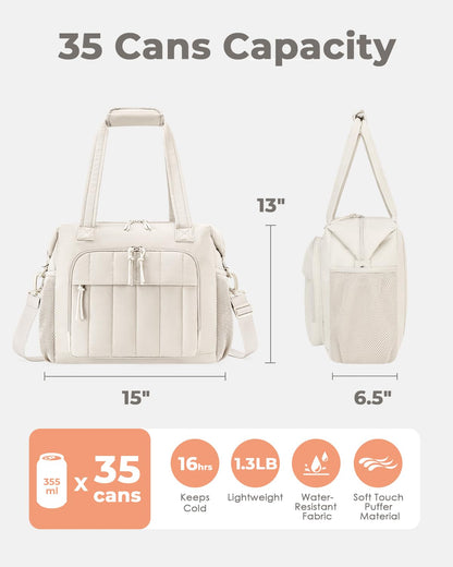 Puffer Cooler Bag 35 Cans Insulated Soft Cooler for Women Lightweight Ice Chest Leakproof & Portable Lunch Coolers for Picnic, Beach, Camping, Work, Travel, Trip (Beige)