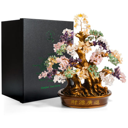 GEMBOURY Natural Bonsai Feng Shui Money Tree, 18'', Includes Lucky Coins Chain, Tree of Life (1300 Gemstone Count), Good Luck and Wealth