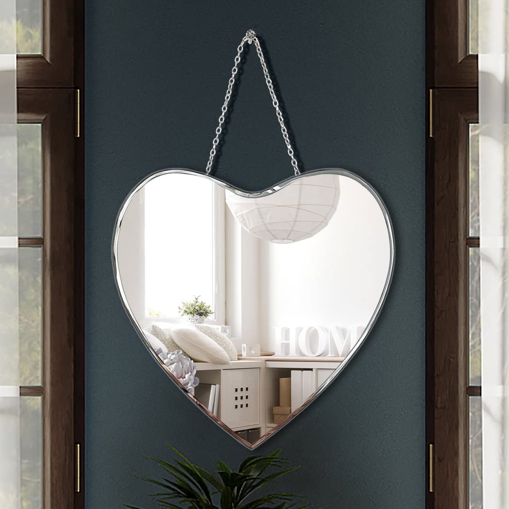 QMDECOR Heart Shaped Mirror with Iron Chain for Wall Decor 12x12 inch Wall Hang Real Glass Frameless Decorative Mirror Glam