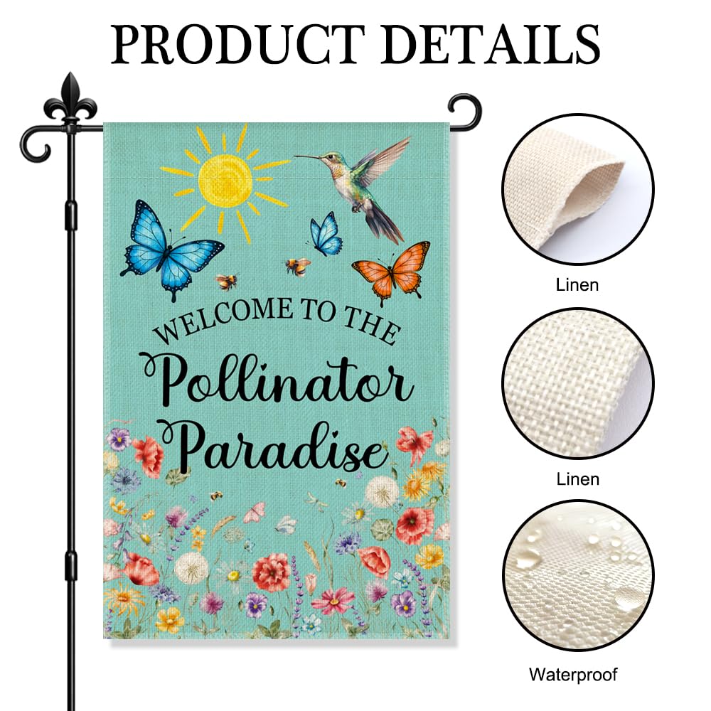JQYCJTR Welcome To The Pollinator Paradise Garden Flag Double Sided Yard Outdoor Decoration 12x18 Inch, Birds And Plants Welcome Yard Garden Flag, Gardener's Lover Porch Decoration Banner