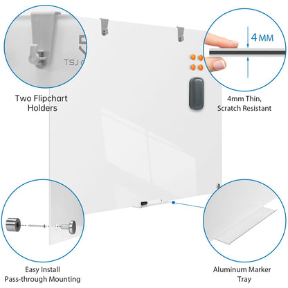 TSJ OFFICE Glass Dry-Erase Board - 36 x 24 Inches Brilliance White Magnetic Glass Whiteboard, Wall Mounted Large Frameless White Board for School, Home & Office