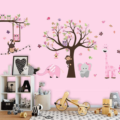 Amaonm Jungle Animal and Tree Wall Decals Removeable DIY Flower Lion Giraffe Owls Wall Sticker Peel and Stick Wall Decor for Nursery Kids Room Bedroom Living Room (B)