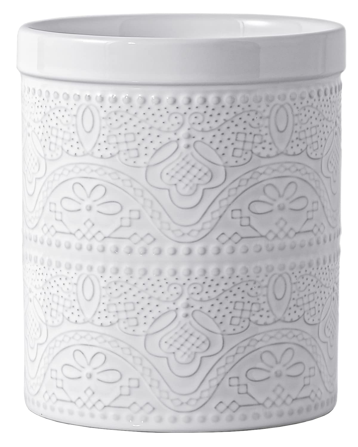 FUN ELEMENTS Kitchen Utensil Holder, 7.2" Super Large Utensil Crock Heavy and Stable Lace Emboss Ceramic Utensil Holder for Kitchen Counter (Bright White)