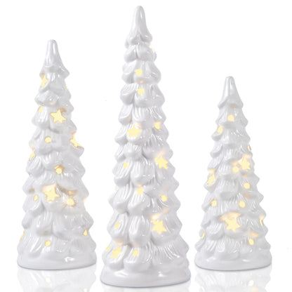 JETEHO Set of 3 White Ceramic Christmas Trees Tabletop Christmas Tree with Stars and Dots Cutouts Ceramic White Christmas Decorations for Home