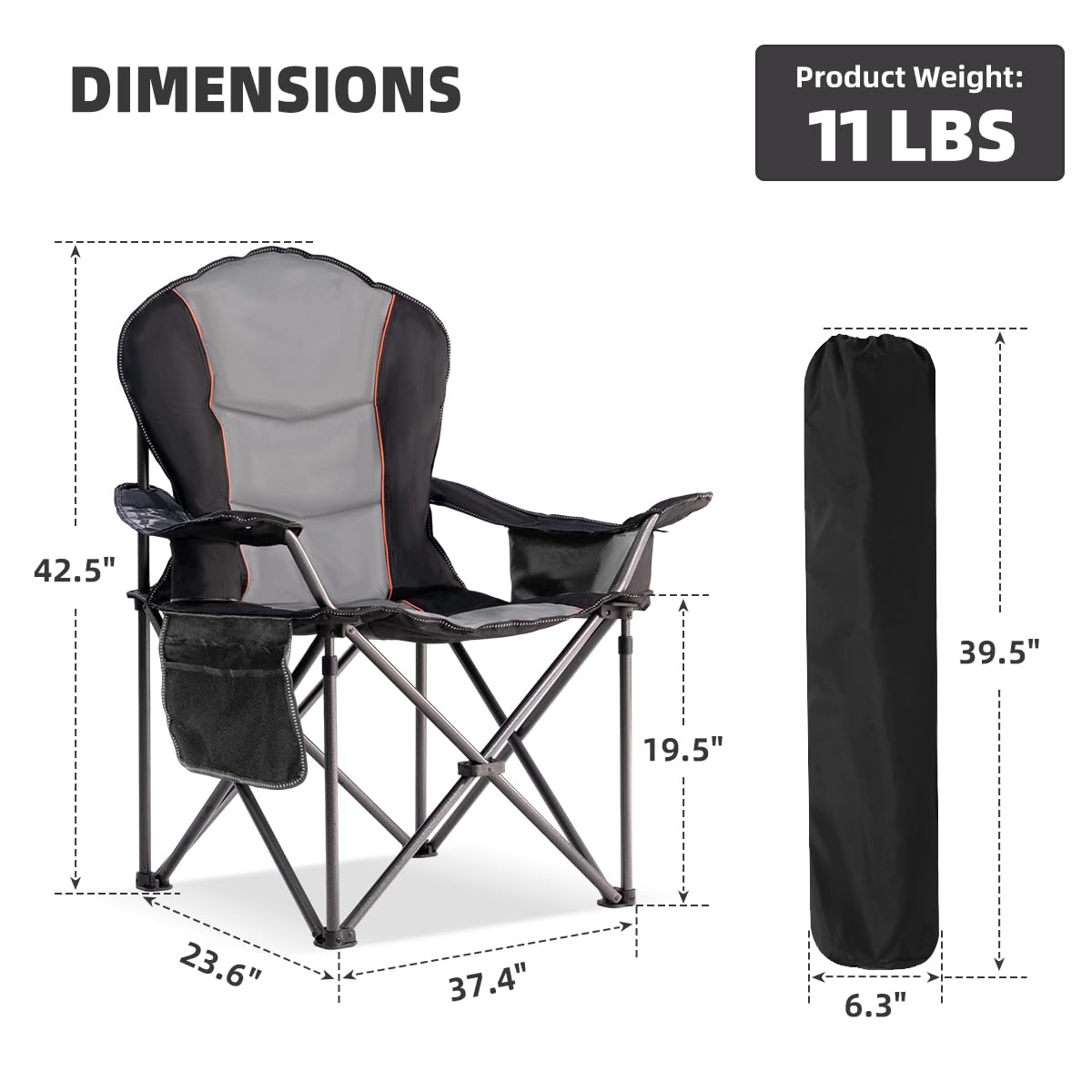 Foristrail Large Camping Chair with Side Table Heavy Duty 500LBS - Folding Outdoor Chair with Cooler Bag (Black & Gray, 1 PCS)